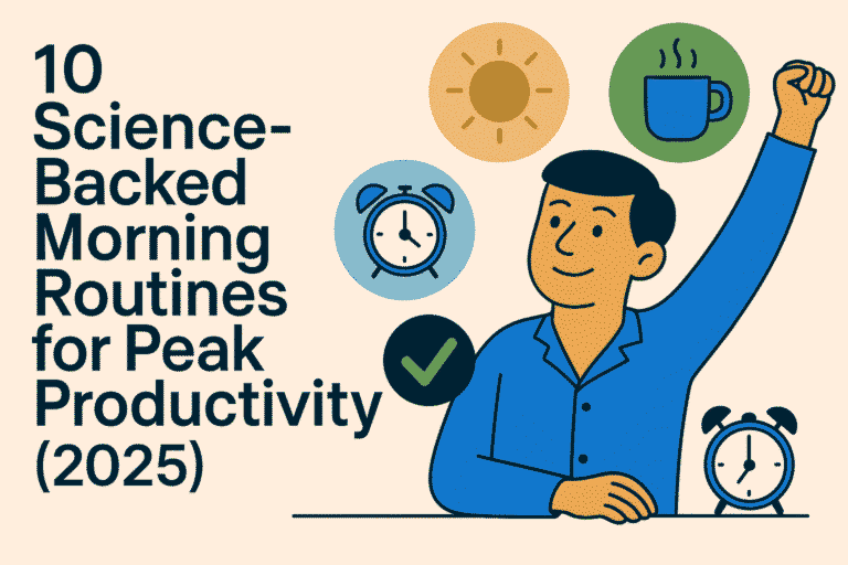 A person meditating peacefully as the sun rises over a tranquil landscape, symbolizing the calm and growth from effective morning routines.