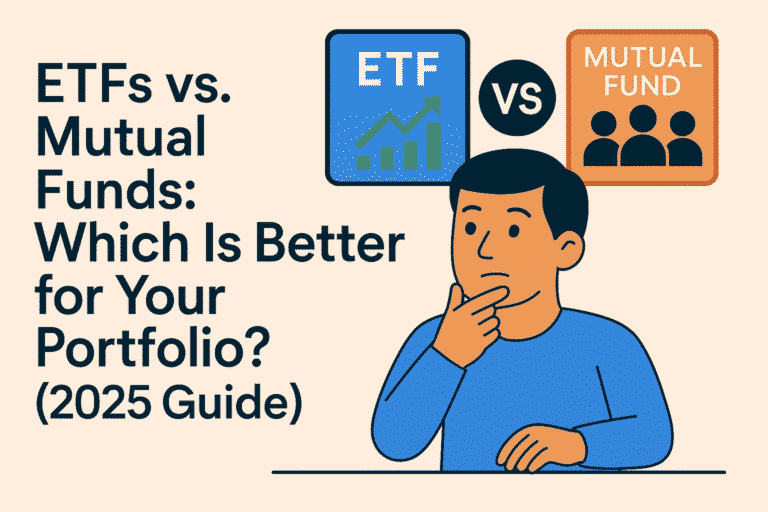 Two distinct stacks of currency or investment graphs, clearly labeled "ETFs" and "Mutual Funds," on a balanced scale, symbolizing the comparison of ETFs vs. Mutual Funds.