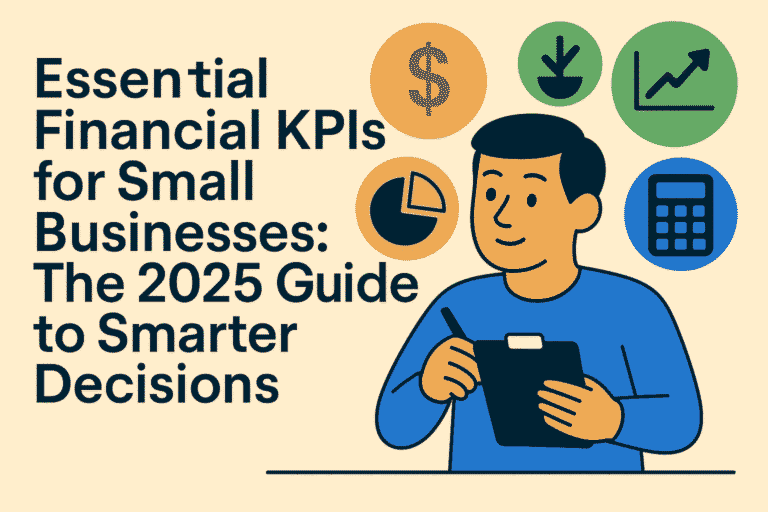 A digital dashboard displaying various colorful charts and graphs representing financial KPIs for small businesses, with an upward trend arrow.