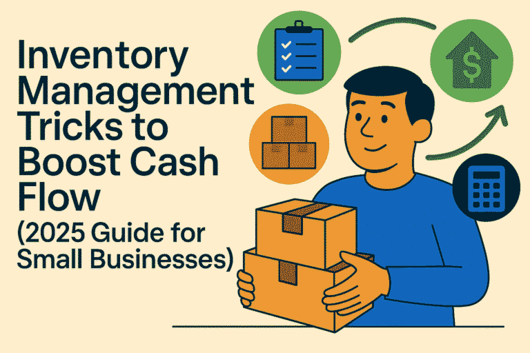 A perfectly organized warehouse shelf with neatly stacked boxes, representing efficient inventory management tricks for small businesses.