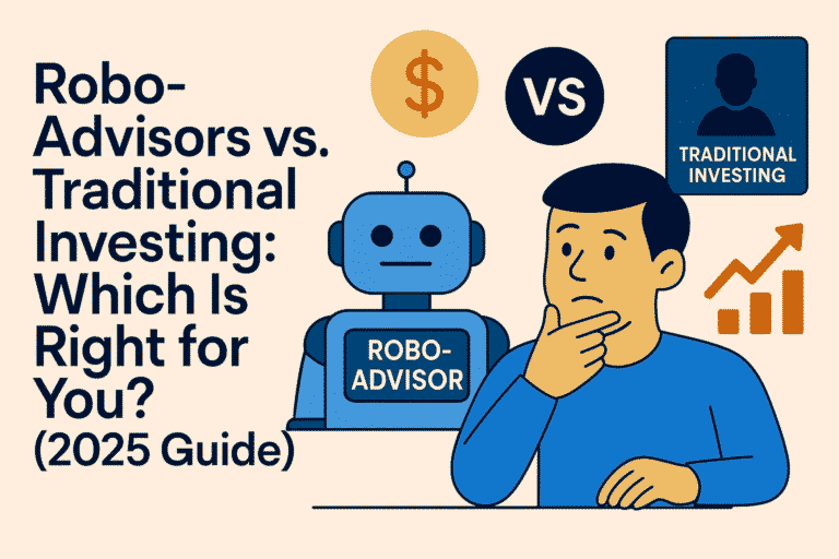 An investor standing at a crossroads, with one path leading to a digital interface icon and another to a figure of a financial advisor, symbolizing the choice between robo-advisors vs. traditional investing.