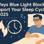 Person wearing amber blue light blocking glasses at night while using a laptop in a dimly lit room