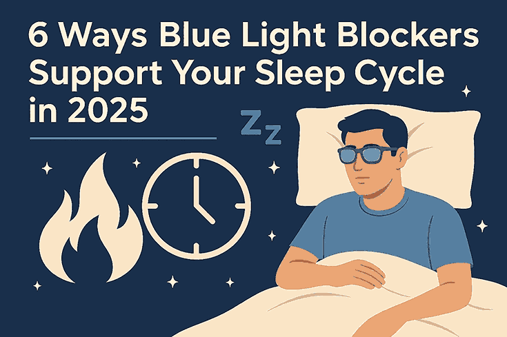 Person wearing amber blue light blocking glasses at night while using a laptop in a dimly lit room